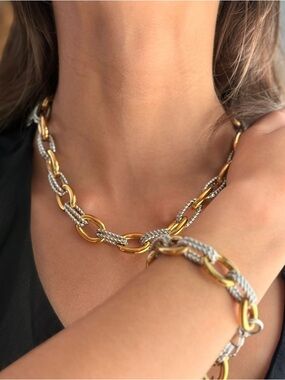 Two-Tone Gold & Silver Chain Necklace and Bracelet Set - Women Jewelry Set